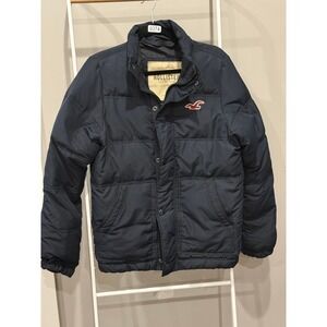 Hollister California Mens Navy Blue Down Fill Puffer Jacket‎ Small Logo Coat Y2K